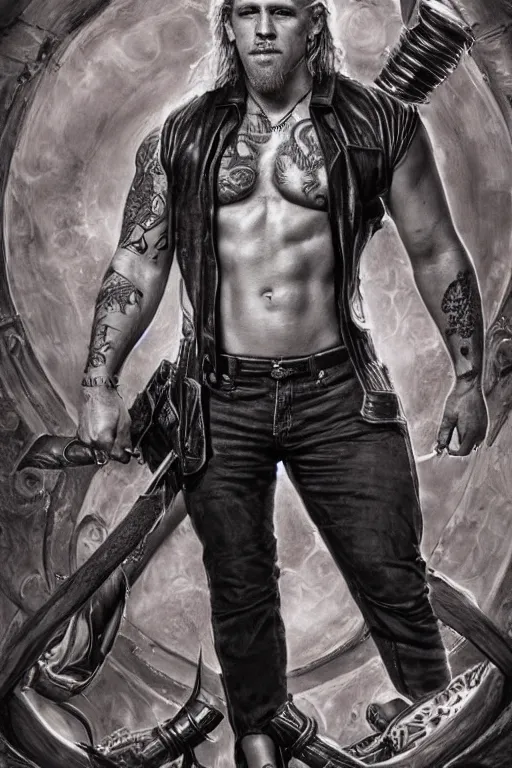 Image similar to Photorealistic Portrait of frontal standing pose torso of a very attractive buffed Jax Teller heavily tattooed. surrounded by magic lightings overlays, Intricate, concept art, magic lighting overlays, magical portal opened, D&D!, fantasy style, sharp focus!, ultra detailed, art by Artgerm and Peter Andrew Jones, WLUP, Magali Villeneuve