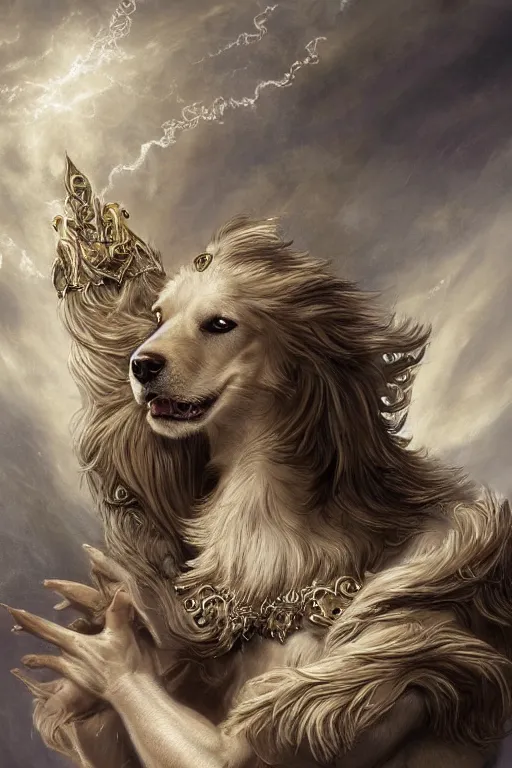 Prompt: a dog as god with a radiant halo, detailed face, gorgeous, amazing, flowing hair, very muscular male body, partial anatomy, stormy and grand war scene, delicate and intricate borders for decoration, caesar victorious, proud Emperor, crepuscular ray, intricate, highly detailed, 8K, digital painting, fantasy, artstation, concept art, sharp focus, over-shoulder shot, illustration, art by greg rutkowski beeple and alphonse mucha