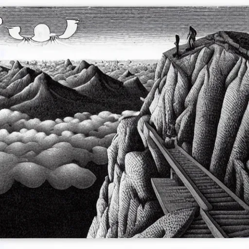 Image similar to wanderer above the sea of fog by mc escher
