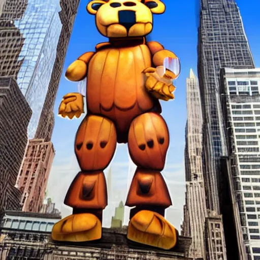 Image similar to giant Freddy Fazbear head in New York hyper realistic photo