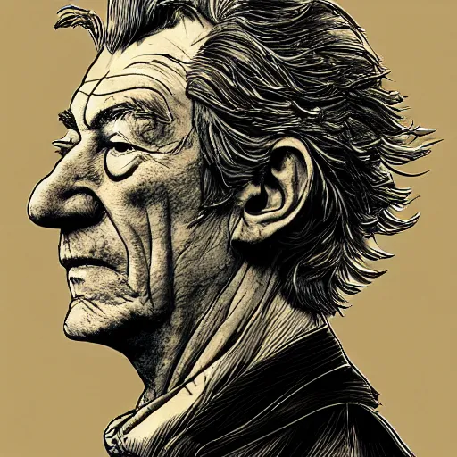 Prompt: a realistic yet scraggly portrait photo of the side profile of a stern and sophisticated ian mckellen as a pirate captain, octane render, intricate details, in the style of frank auerbach, in the style of sergio aragones, in the style of martin ansin, in the style of david aja, in the style of mattias adolfsson