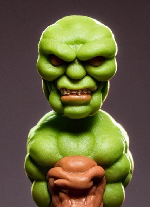 Image similar to flesh - toned heman anthropomorphic pea legume action figure, spherical green head, diffuse lighting, photographic fantasy, intricate detail, elegant, highly detailed, lifelike, photorealistic, artstation, art by john collier, frank frazetta, albert aublet, krenz cushart, artem demura and alphonse mucha