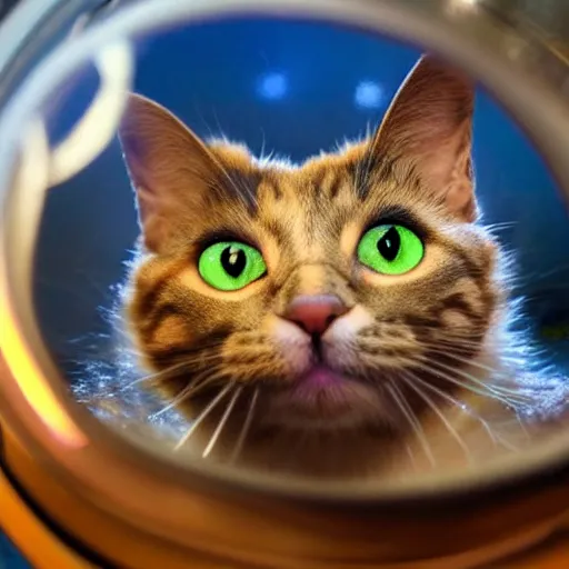 Image similar to cat being shocked by outer space, reflections in his eyes