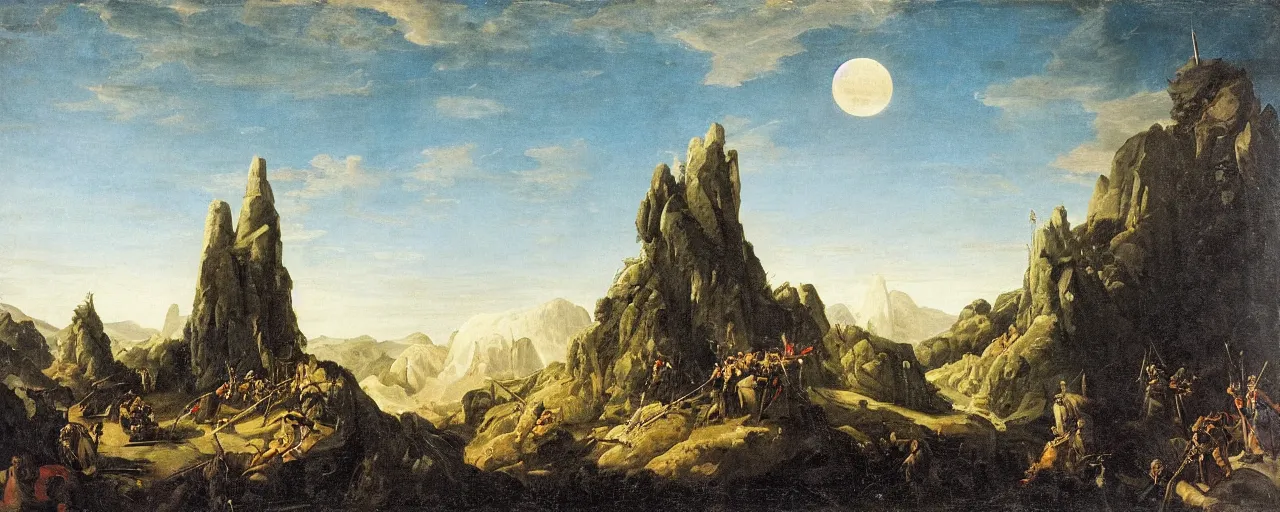 Prompt: portrait, mountain battles, single obelisk, knights, spears, fortress, siege, oaks, trees, architectural, colossal lightning, temple, war, famine, death, wide angle, puffy clouds, skies behind, stars in sky, Moon, italian masterpiece, Ashford Black Marble, sculpture, baroque, draped with horrors and spines, drapes, ocher details, still life, Obsidian, portrait, render, artstation, ultra detailed