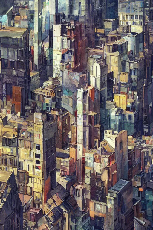 Prompt: a painting of a city with lots of buildings, a cubist painting by Jon Foster, trending on Artstation, deconstructivism, glitch art, greeble, cubism