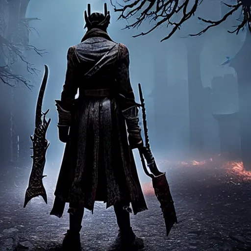 Prompt: a scene of a hunter staring down a beast in the new netflix film adaptation'bloodborne'