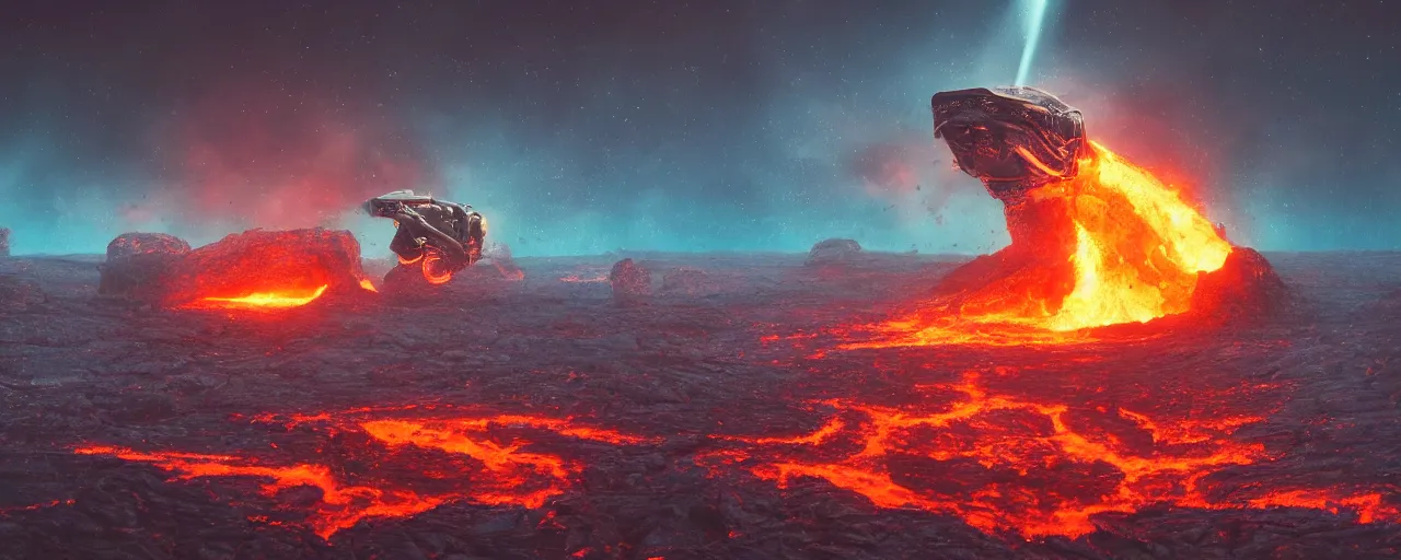 Prompt: a stunning view from the cockpit, giant frog robot collapsing into a lava river, dust, blank ink tornadoes and giants arms, rainy, glossy reflections, blue and orange rim lights, photorealistic, dust particles, inspired by Interstellar, glints, lens flares