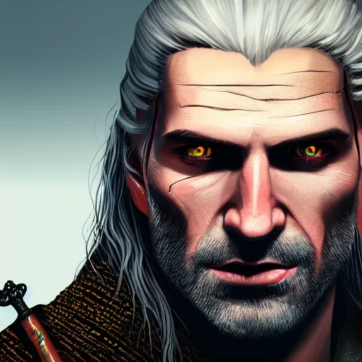 Image similar to portrait of witcher, highly detailed, digital painting, 8 k render, centered