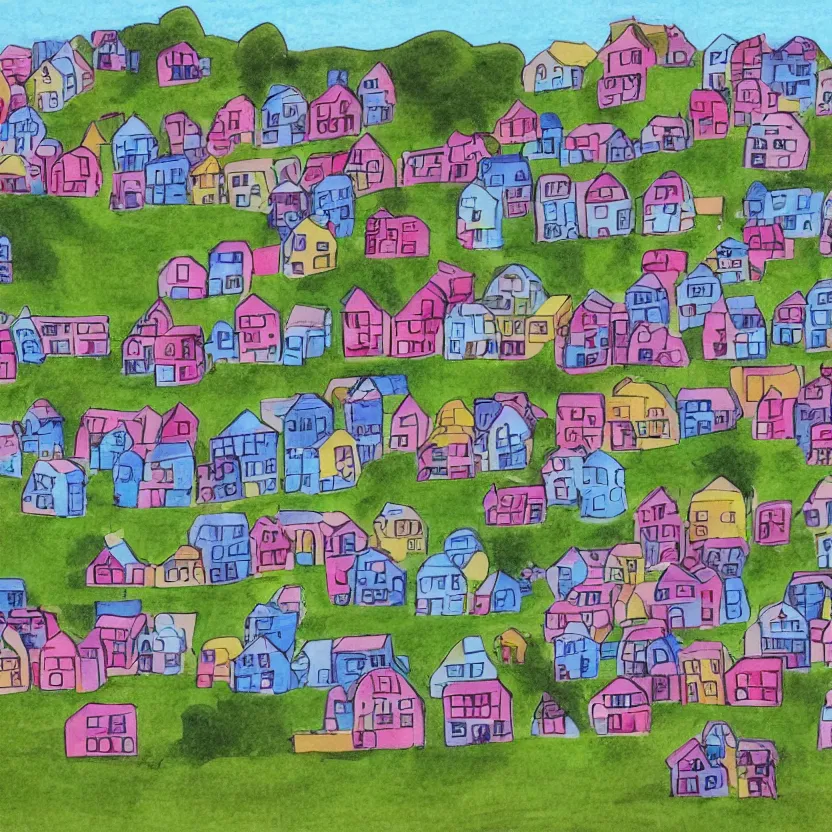 Prompt: little boxes on the hillside little boxes made of ticky tacky little boxes on the hillside little boxes all the same there's a pink one and a green one and a blue one and a yellow one, children's pencil drawing