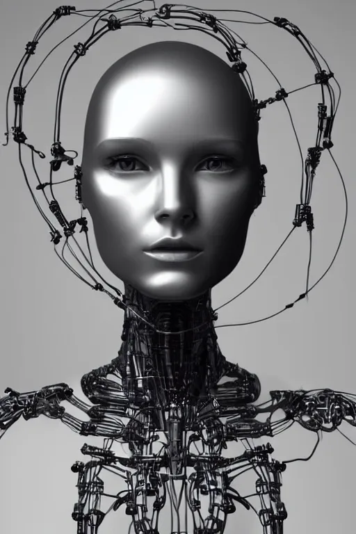 Image similar to robot with human face, female head, woman human face, human face realistic, human head, cyborg frame concept, cyborg by ales-kotnik, sci-fi android female, full body photo, wire body, body made of wires, full body