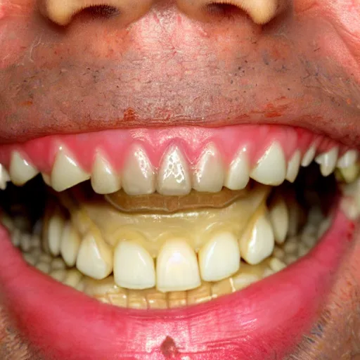 Image similar to scary photograph of a man with yellow decaying teeth, close up photograph taken on an iphone 4, flash lighting in a dark room, 4 k