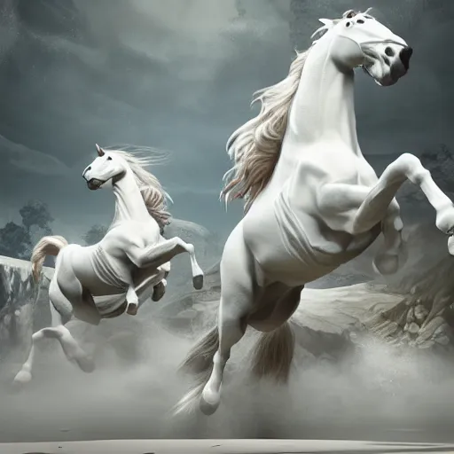 Prompt: anthropomorphic white horses practicing karate, inside dojo, fantasy, Intricate detailed, octane render, unreal engine