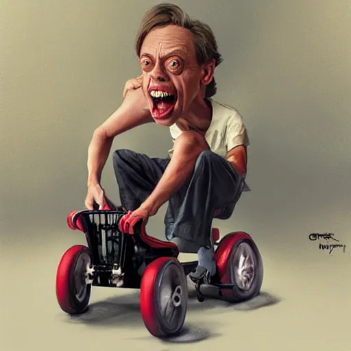 Image similar to hyper realistic absurd, silly, making insane faces, steve buscemi riding a tiny tricycle, painted by greg rutkowski, wlop, artgerm