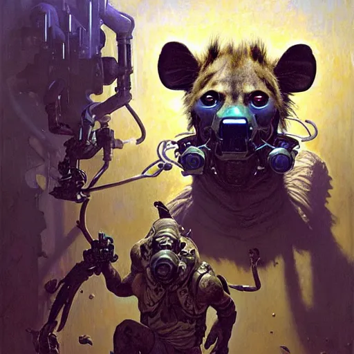 Image similar to portrait of a hyena gnoll dentist. shadowrun furaffiniy cyberpunk fantasy highly detailed painting by gaston bussiere craig mullins jc leyendecker gustav klimt artgerm greg rutkowski john berkey, bergey, craig mullins, ruan jia, raymond swanland, jeremy mann, tom lovell, alex malveda