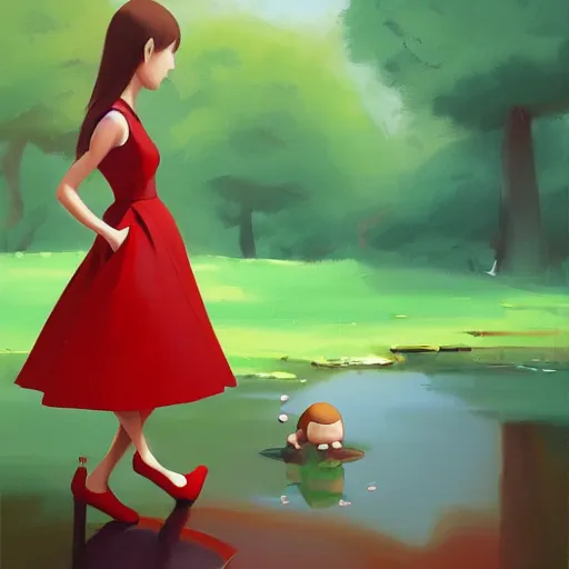 Image similar to goro fujita ilustration brunette girl in red dress crossing ( a small river in a forest ), painting by goro fujita, sharp focus, highly detailed, artstation