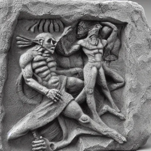 Prompt: stone relief of an apocalyptic prohecy picturing the arrival of aliens