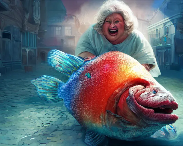 Image similar to of a very beautiful scene. ambient occlusion render. a sweet fat old woman is giving birth to a huge colorful fish. hyper realistic. 4 k. wide angle. red mouth, blue eyes. deep focus, lovely scene. ambient occlusion render. concept art. unreal engine.