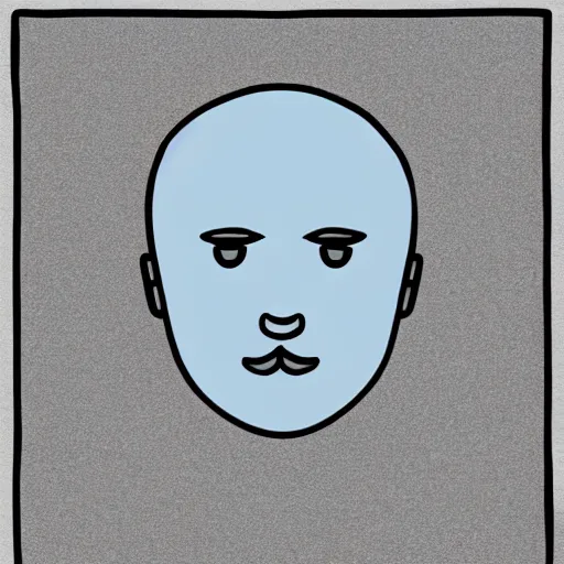 Image similar to hand - drawn minimalistic line portrait of bald man with round face, short beard, small round eyebrows, wide lips and kind blue eyes, black and white, pictogram, ink, pencil