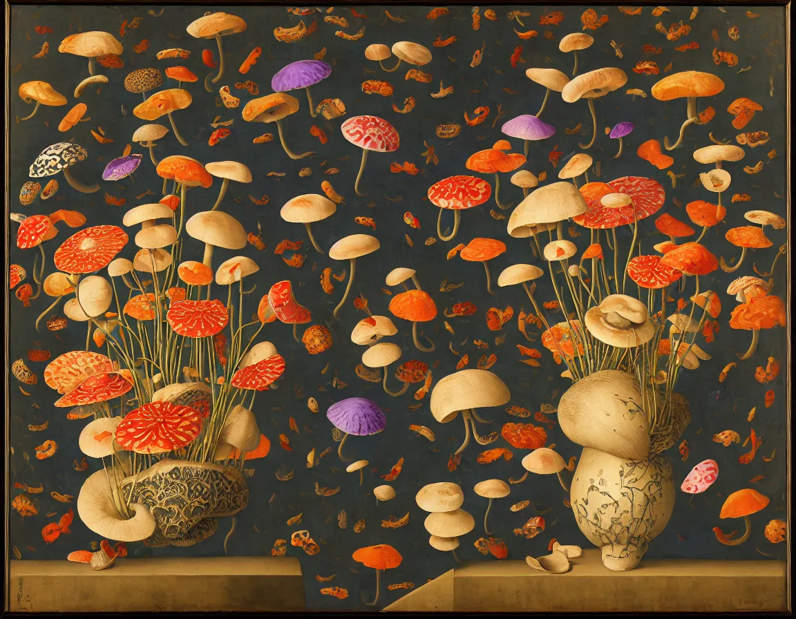 Prompt: vase of mushroom in a cloudy sky decorated with a dense field of stylized scrolls that have opaque purple outlines, with mutant koi fishes and sponges, ambrosius benson, oil on canvas, hyperrealism, light color, no hard shadow, around the edges there are no objects