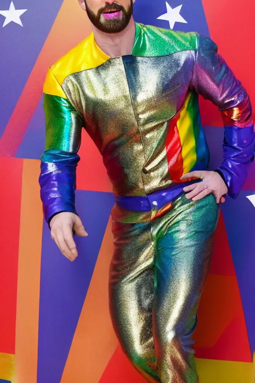 Prompt: photo of chris evans wearing a rainbow metallic suit