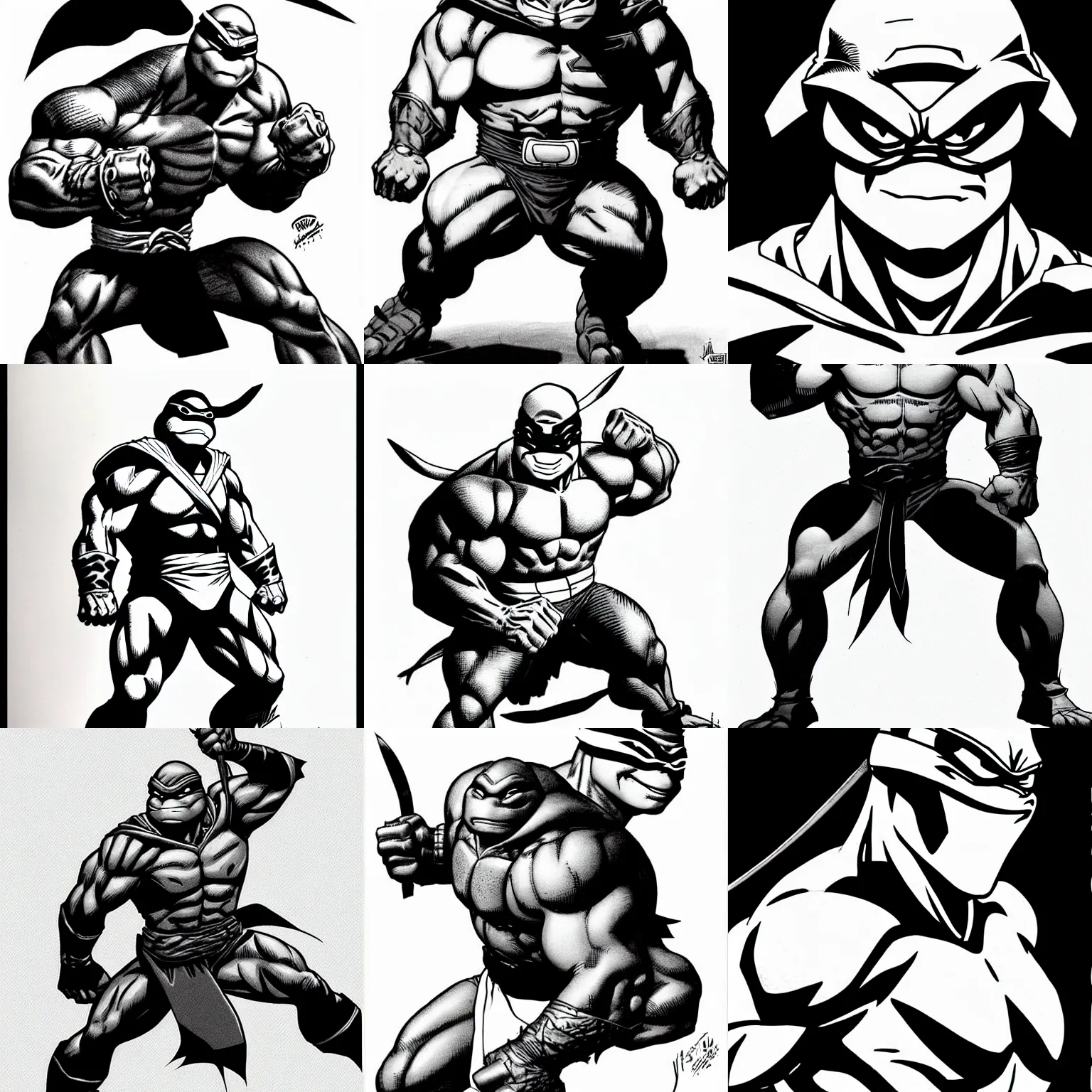 Prompt: anthropomorphic ninja turtle!!! jim lee!!! sideview full shot!! flat ink sketch grayscale by jim lee close up in the style of jim lee, ( attention pose ) ninja! battle rugged hulk turtle animal superhero by jim lee