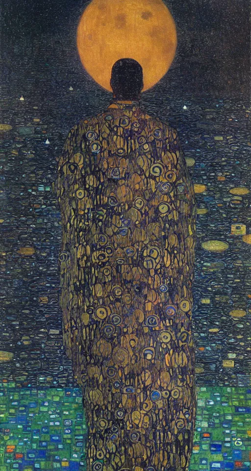 Image similar to a robed figure standing at the side of a dark lake, looking at the reflection of the moon in the water :: illustrated in the style of klimt, moebius, alex grey :: psychedelic, moody, backlight, iridescent, fluorescent