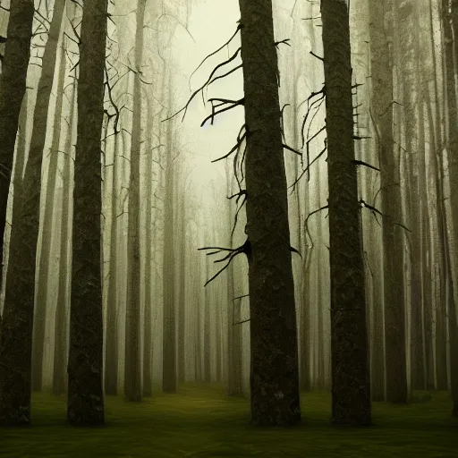 Image similar to endless forest of trees, highly detailed, ominous, vast