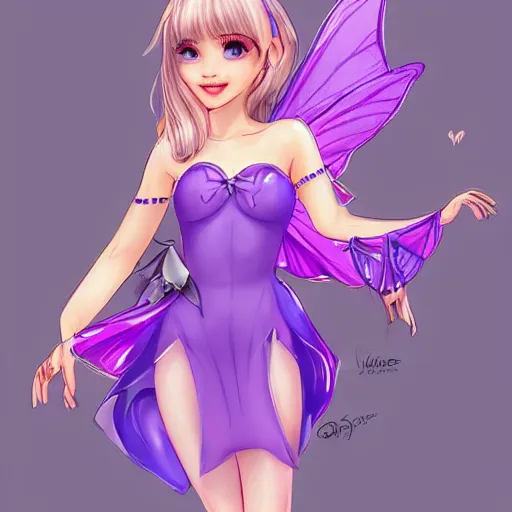 Prompt: very very very beautiful tiny princess in her 20s with fairy wings wearing skintight purple dress, making eye contact, smiling, flirty, perfect body, perfect face, drawn by artgerm