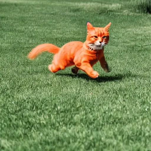 Image similar to a small dog being chased by a big fat orange cat