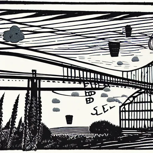 Image similar to small steel suspension bridge built in 1 9 2 8, side view, puffy clouds in background, marijuana cigarette floating in the sky, woodcut style, rubber stamp, 8 k