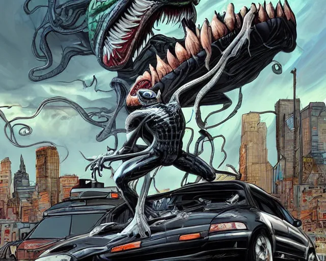 Prompt: A realistic Venom standing on top of a wrecked car in the city, open arms art by Jason Chan and Gerardo Sandoval, Ultra detailed, hyper realistic,