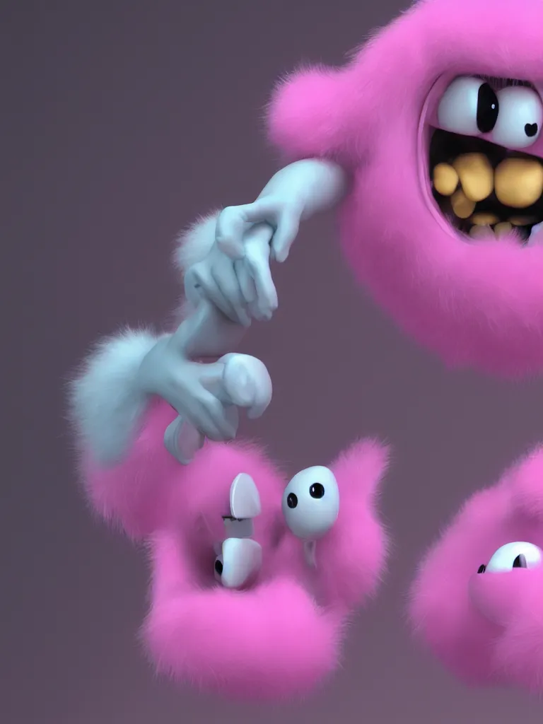 Image similar to “realistic pinkie the ghost from pac man rendered in 3d, fuzzy, furry, pixar, ultradetailed, octane render, epic”