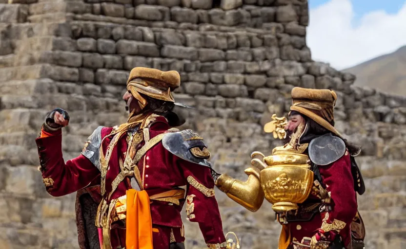 Prompt: smiling spanish conquer soldier holding golden cup on a inca temple