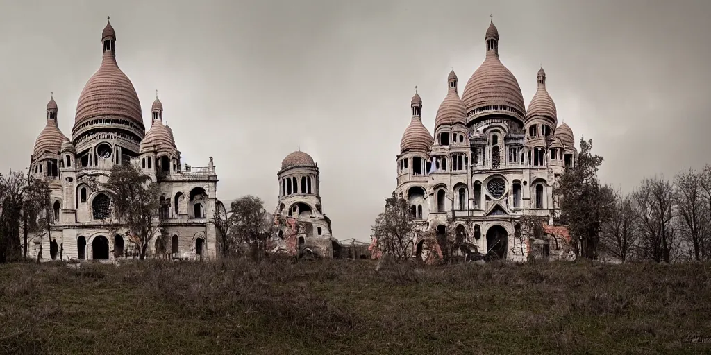 Prompt: the abandoned post-apocalyptic Basilica of Sacré Coeur de Montmartre, toxic orange and pink mist rises from the ground and contrast the white exterior, dark gray skies, stark contrasting lighting, a two-headed mutated deer-like creature looks on in the distance from the sparse twisted silhouetted foliage, a highly detailed matte painting by Zdzislaw Beksinski and Beeple, featured on Artstation