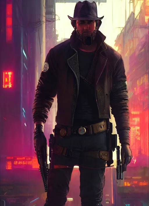 Prompt: Arthur Morgan. Cyberpunk assassin in tactical gear. blade runner 2049 concept painting. Epic painting by Craig Mullins and Alphonso Mucha. ArtstationHQ. painting with Vivid color. (rb6s, Cyberpunk 2077, matrix)