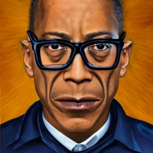 Prompt: realistic detailed portrait of gus fring with half of his face replaced by robotic parts