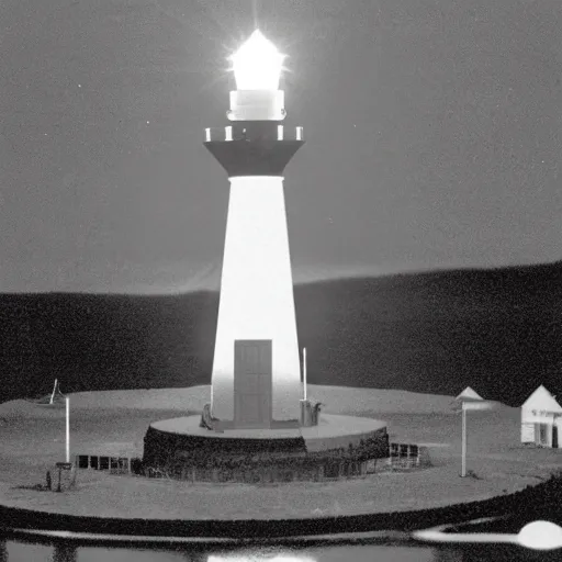 Image similar to 1985 photo of an alien lighthouse at night, surrounded by mosquitoes and evil