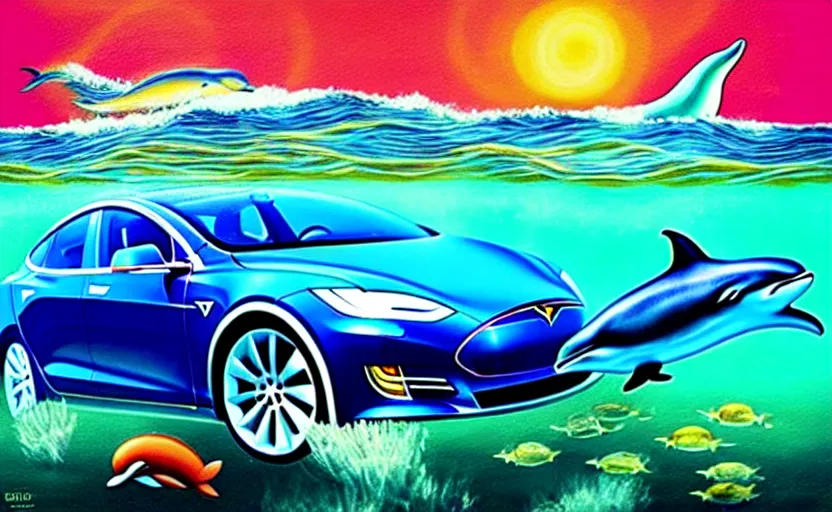 Image similar to a surreal colourful painting of a tesla car underwater surrounded by dolphins