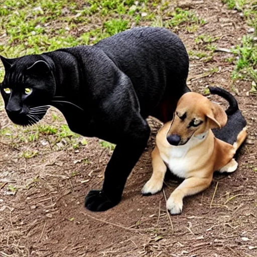 Image similar to panther shows teeth to a small long dog