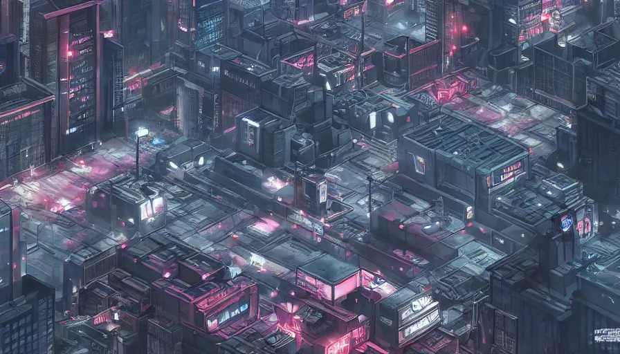 Image similar to Concept Art Illustration of neo-Tokyo Bank Headquarters Map, in the Style of Akira, Syndicate Corporation, Anime, Dystopian, Highly Detailed, Helipad, Special Forces Security, Blockchain Vault, Searchlights, Shipping Docks, For multiplayer Stealth fps bank robbery simulator, Unreal engine 5, Akira Color Palette, Inspired by MGS2 + Ghost in the shell SAC + Cowboy Bebop, 8k :4 by Arc System works + Katsuhiro Otomo : 8