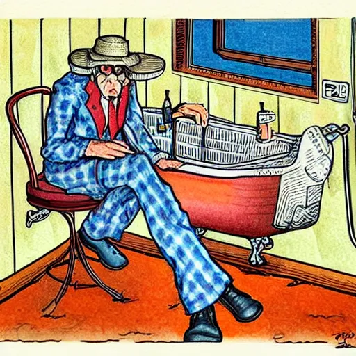 Image similar to The Artwork of R. Crumb and his Cheap Suit mixing whiskey in the bathtub, pencil and colored marker artwork, trailer-trash lifestyle