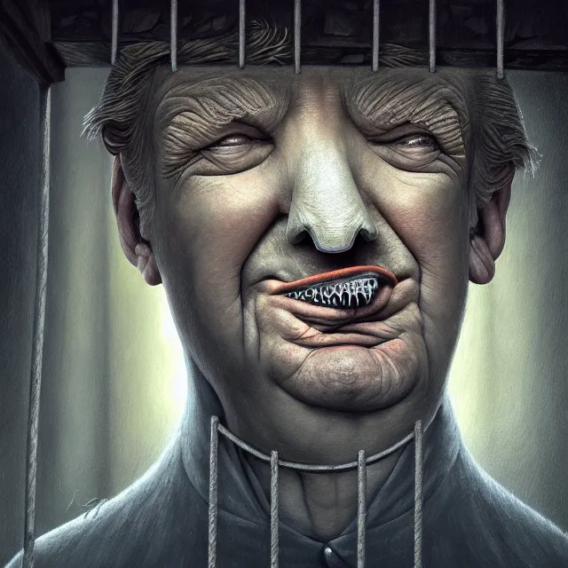 Image similar to behind bars of jail gediminas pranckevicius | close up portrait of a the trump in the sinister valley of despair, one mouth, one nose, two eyes, oil painting by tomasz jedruszek, cinematic lighting, pen and ink, intricate line, hd, 4 k, million of likes, trending on artstation