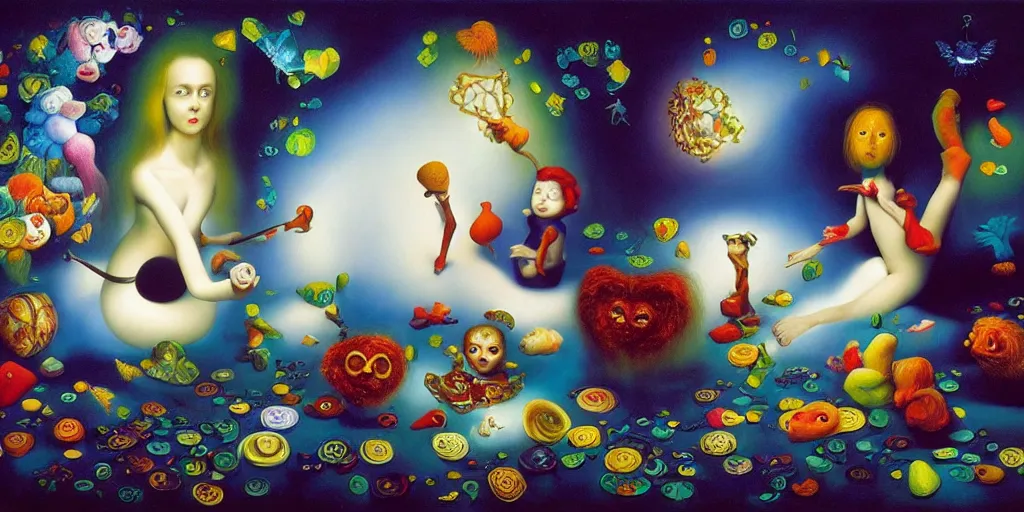 Prompt: the three imaginary fates pleasure dream adventure love abstract oil painting by gottfried helnwein pablo amaringo raqib shaw