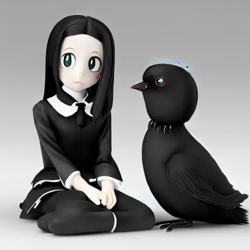 Image similar to Manga cover portrait of Wednesday Addams-chan anime girl sitting elegantly next to her pet crow in a noir Victorian setting, 3d render diorama by Hayao Miyazaki, official Studio Ghibli still, color graflex macro photograph, Pixiv, Daz Studio