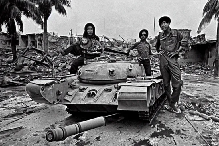 Prompt: a photo of a two mans posing in front of tank in destroyed vietnamese city, us journalism ministry photo, 1 9 6 9, fim still