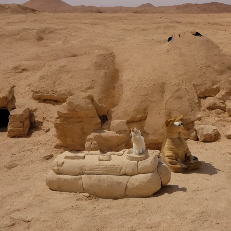 Prompt: a shiba-inu stone sphinx in the egyptian desert