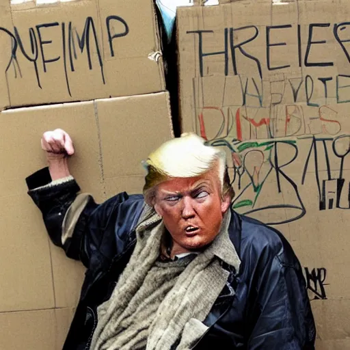 Image similar to donald trump dressed as a homeless man living in the slums