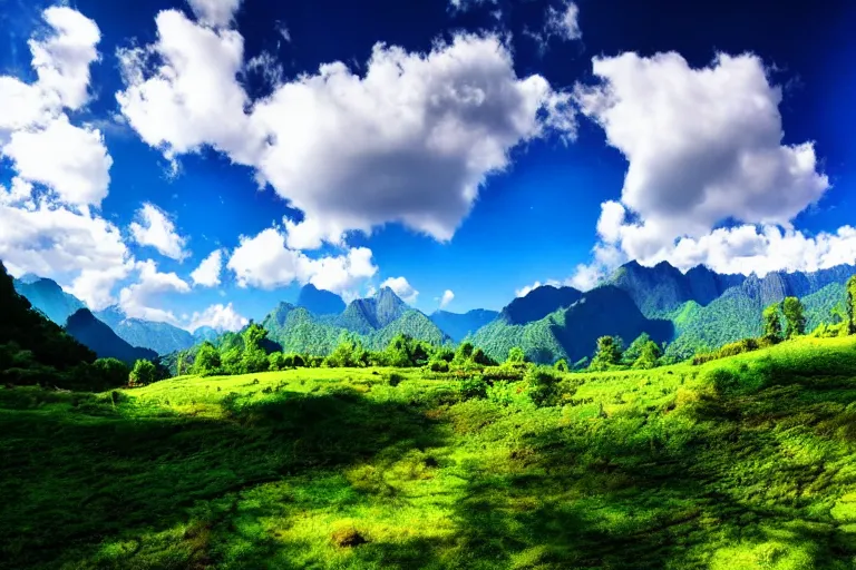 Image similar to wide, lush scenic landscape, grand majestic mountains, valley, blue sky, white clouds, professional photography, realistic, highly detailed, 8 k