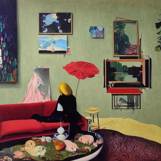 Image similar to female emo art student in her lounge room, painting of flood waters inside an artist's loungeroom, a river flooding indoors, pomegranates, pigs, ikebana, water, octopus, river, rapids, waterfall, black swans, canoe, berries, acrylic on canvas, surrealist, by magritte and monet