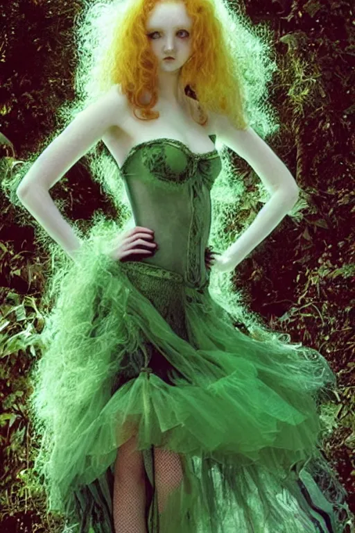 Image similar to full body portrait of lily cole as delirium from sandman, wearing a green dress and fishnet stockings by luis royo